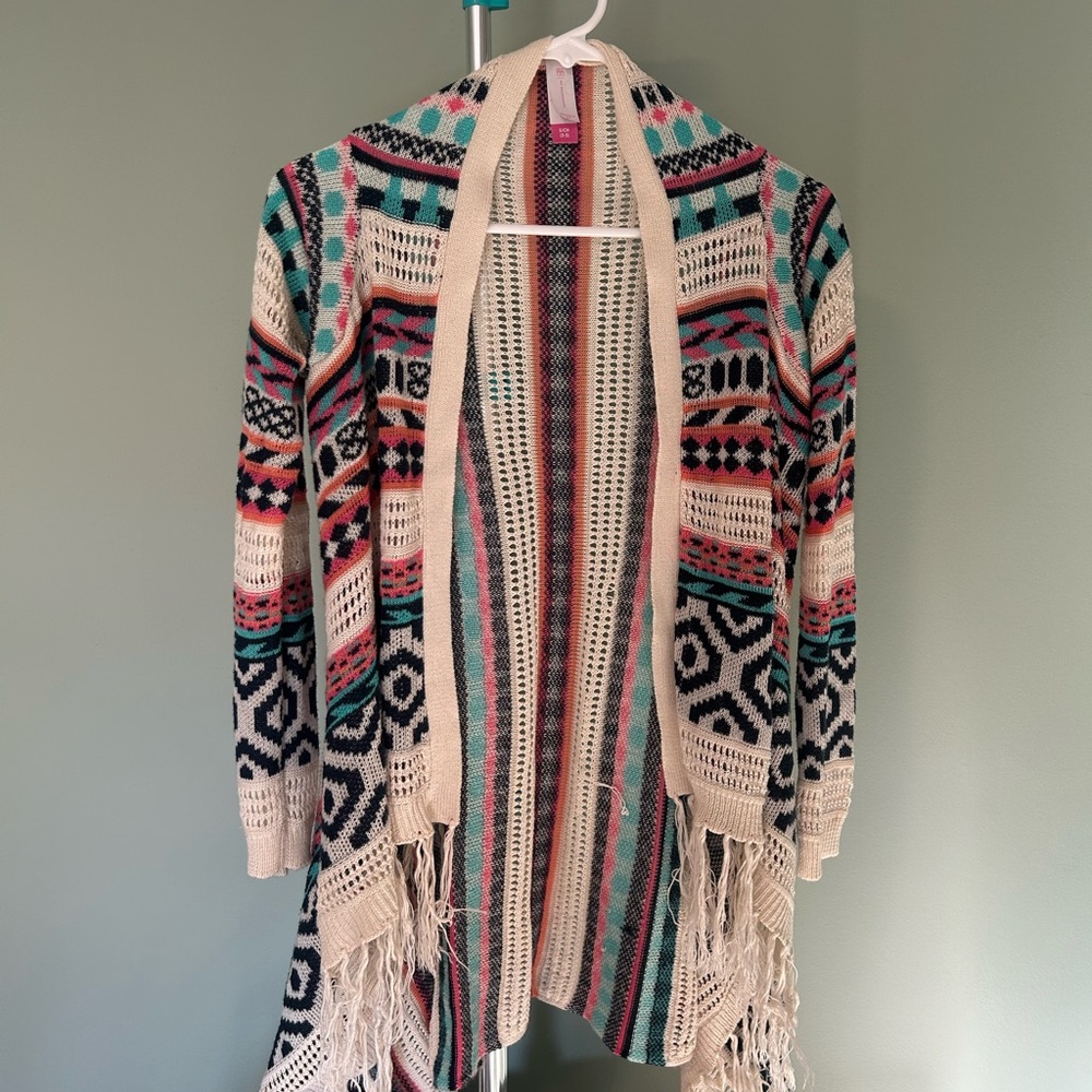 No Boundaries Aztec Knit Cardigan With Fringe